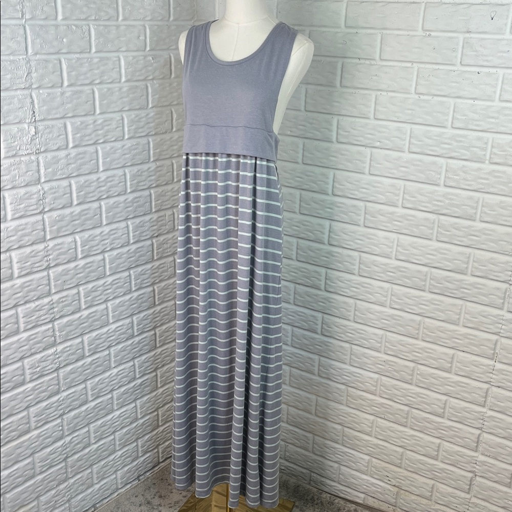 VICTORIA’S SECRET TANK MAXI DRESS GRAY WITH MINT STRIPE STRAP SIDE POCKETS SZ MD